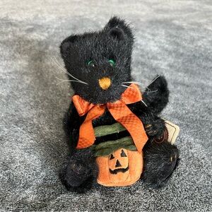 Boyds Halloween Black Cat Pepper B Scaredycat 8" Plush Orange Bow Pumpkin Bag